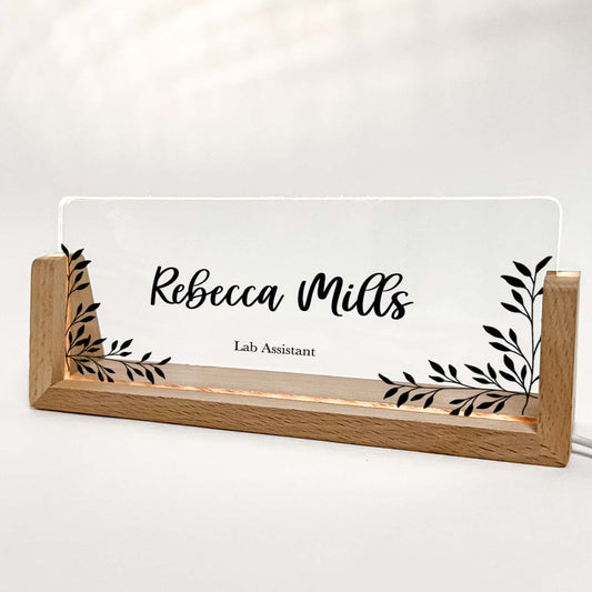 Personalized Desk Name Plate With Wooden Base, Black or white flower, Lighted LED Light Nameplate, Desk Accessories, Office Gifts for Boss Coworkers, New Job Gifts