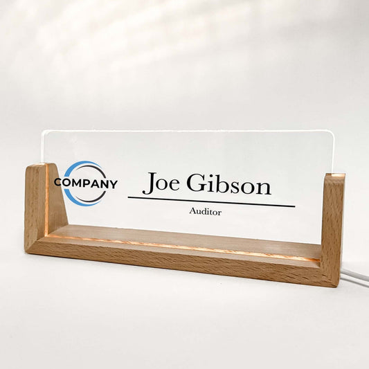 Personalized Name plate with wooden stand, LED lamp, Company Logo photo ,Lighted LED Light Nameplate, Desk Accessories, Office Gifts for Boss Coworkers, New Job Gift