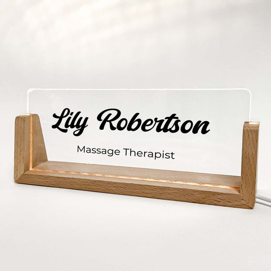 Personalized Desk Name Plate With Wooden Base cursive font, Lighted LED Light Nameplate, Desk Accessories, Office Gifts for Boss Coworkers, New Job Gifts
