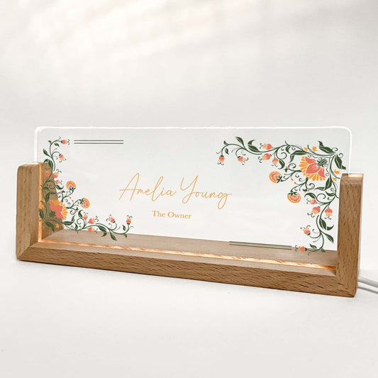Personalized Desk Name Plate With Wooden Base, orange and yellow , Lighted LED Light Nameplate, Desk Accessories, Office Gifts for Boss Coworkers, New Job Gifts