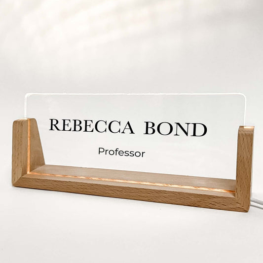 Personalized Desk Name Plate With Wooden Base Regular font, Lighted LED Light Nameplate, Desk Accessories, Office Gifts for Boss Coworkers, New Job Gifts