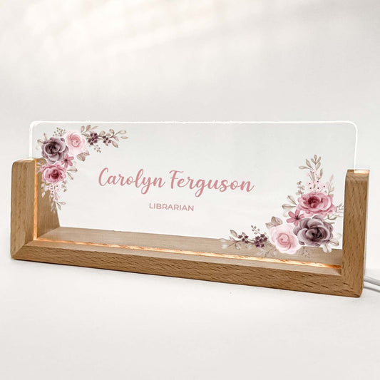 Personalized Desk Name Plate With Wooden Base, Baby pink flowers/roses , Lighted LED Light Nameplate, Desk Accessories, Office Gifts for Boss Coworkers, New Job Gifts