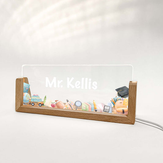 Personalized Teacher School Classroom Desk Name Plate With Wooden Base, Lighted LED Light Nameplate, Desk Accessories, Teacher Gifts