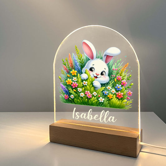 Too Cute To Resist Bunny Rabbit Night Light Up Table Lamp Wood Base LED Personalized Kids Childs Room Gift, Bedroom Decor, Boys Night Light