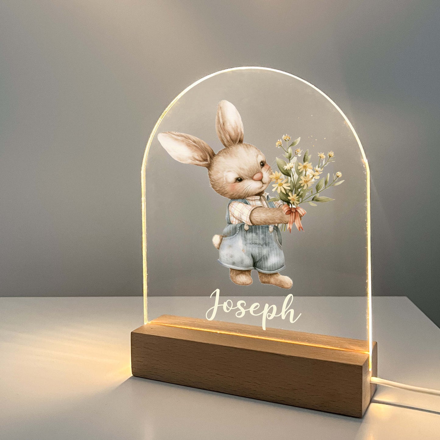 Too Cute To Resist Bunny Rabbit Night Light Up Table Lamp Wood Base LED Personalized Kids Childs Room Gift, Bedroom Decor, Boys Night Light