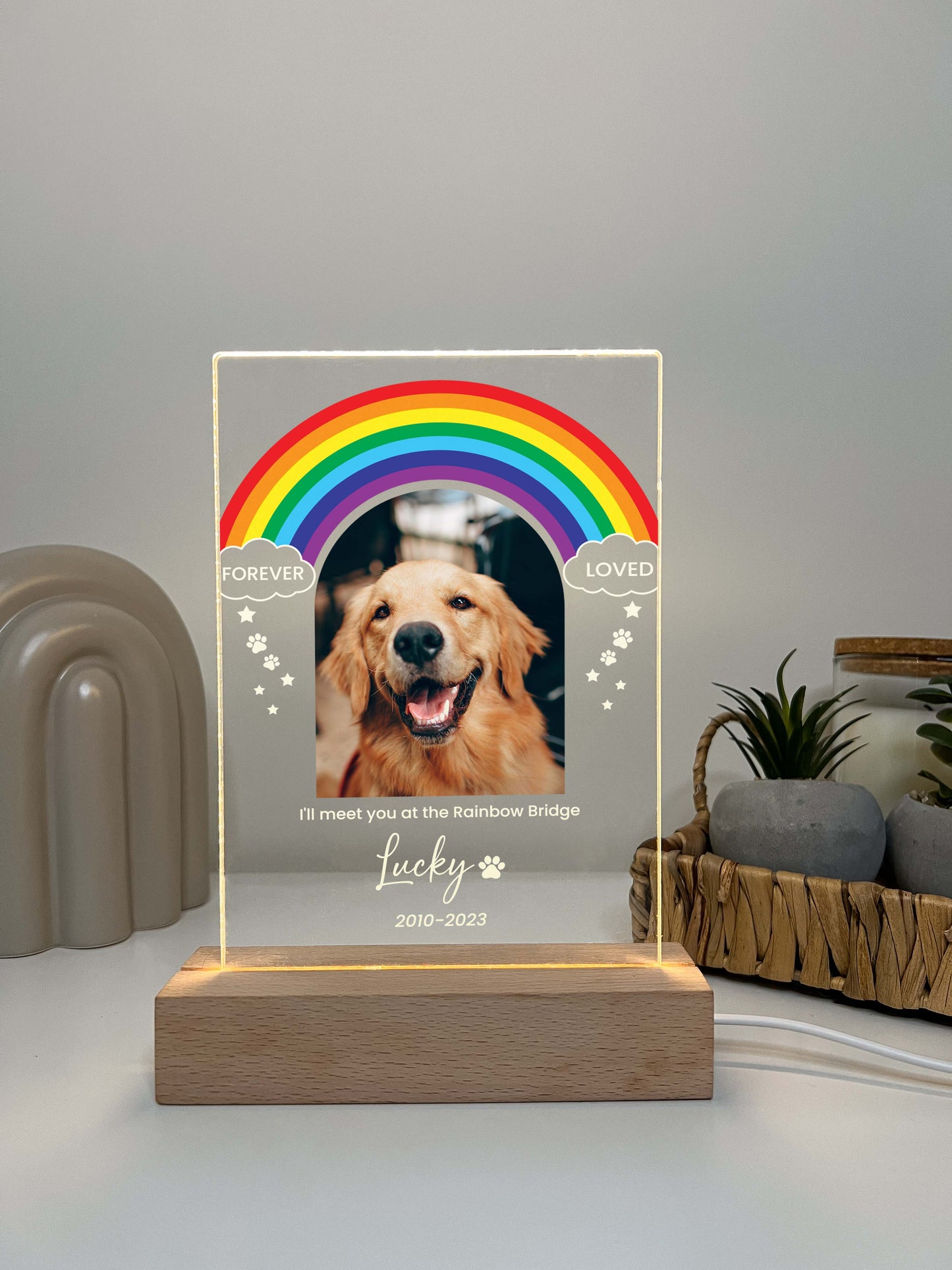 Pet Memorial Night Light with Wooden Base, Custom Pet Plaque, Pet Night Light, Custom Pet Photo, Pet Memorial Frame, Gifts for Pets, Cat Dog Loss Gift