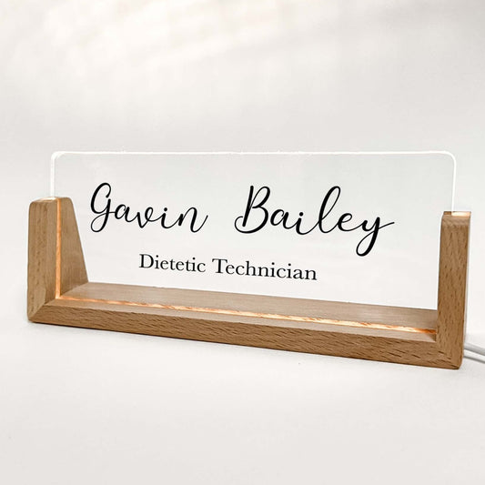 Personalized Desk Name Plate With Wooden Base, script, Lighted LED Light Nameplate, Desk Accessories, Office Gifts for Boss Coworkers, New Job Gifts