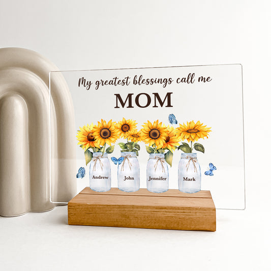 Custom Wood Stand Sunflower Personalized Gift, My Greatest Blessings Call Me Grandma, Nana Mema Children's Name & DOB