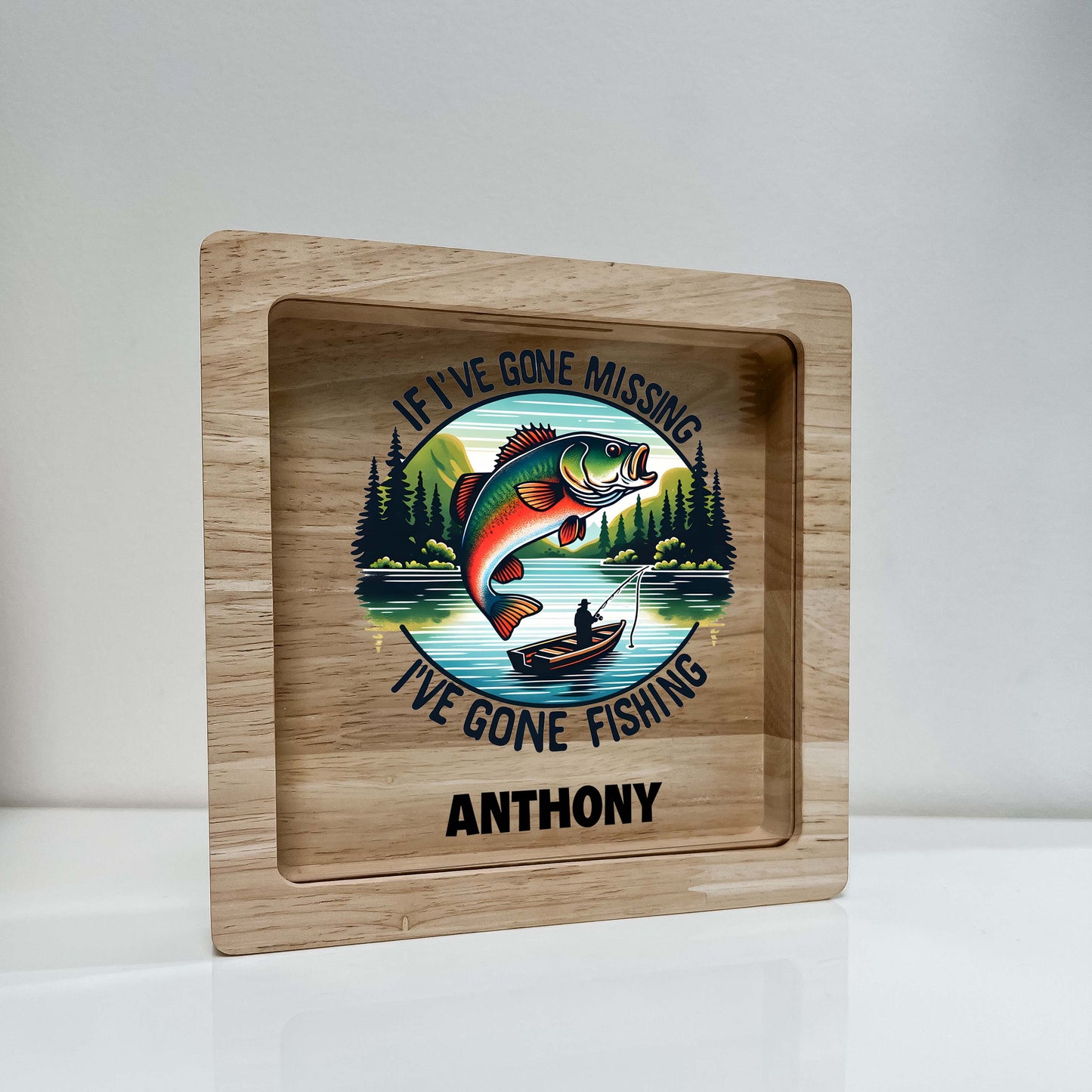 Personalized Savings Piggy Bank for Boys Custom Name Money Box Catching Fish Gone Fishing Cute Fishing Themed Nursery Toddler Boys Room Gift Fish Lover