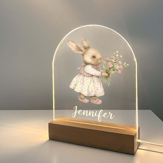 Too Cute To Resist Bunny Rabbit Night Light Up Table Lamp Wood Base LED Personalized Kids Childs Room Gift, Bedroom Decor, Girls Night Light