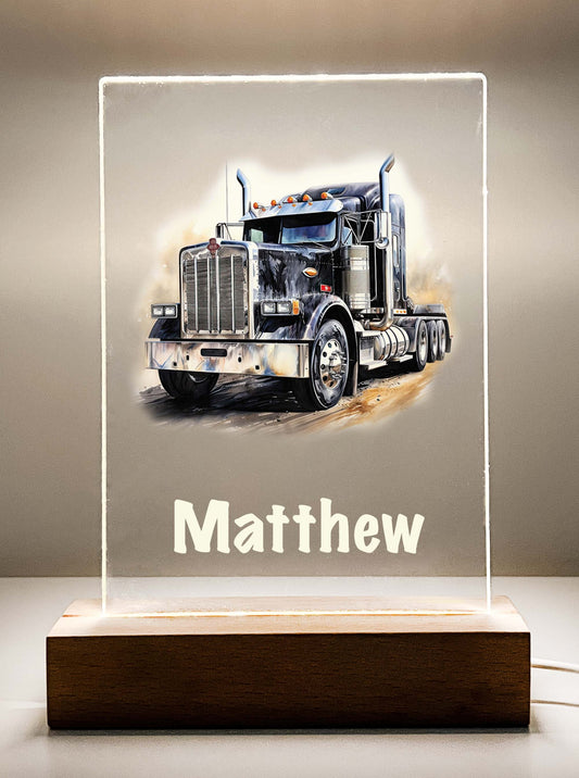 Personalized LED Wood Stand Night Light Up Table Lamp Boys Room Decor Heavy Duty Semi Truck Tractor Trailer, 18 Wheeler, Trucker's Best Gift