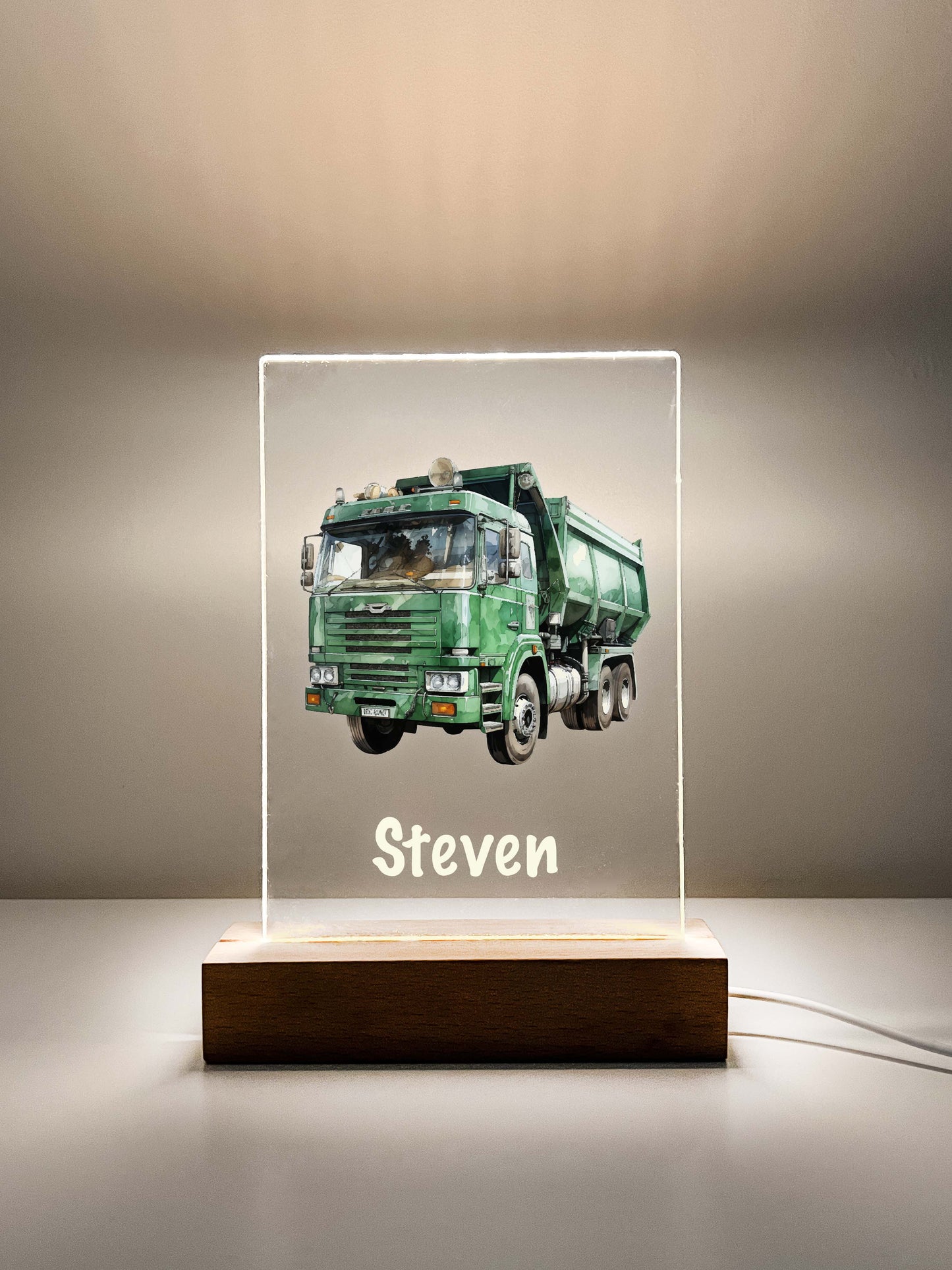 Personalized Boys Garage Truck LED Lamp with Wooden LED Stand, Sanitation Garbage Trash Truck Dumping Trailer Heavy Duty Equipment Themed Gift