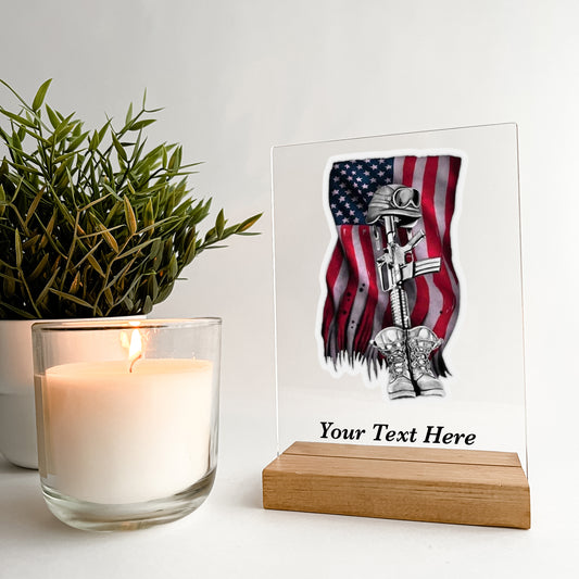 In Loving Memory Fallen Soldier stand with Wooden Base, Condolence Remembrance Loss, Fallen Soldier, Military, American Flag, Warrior, Heroes, Memorial Gift