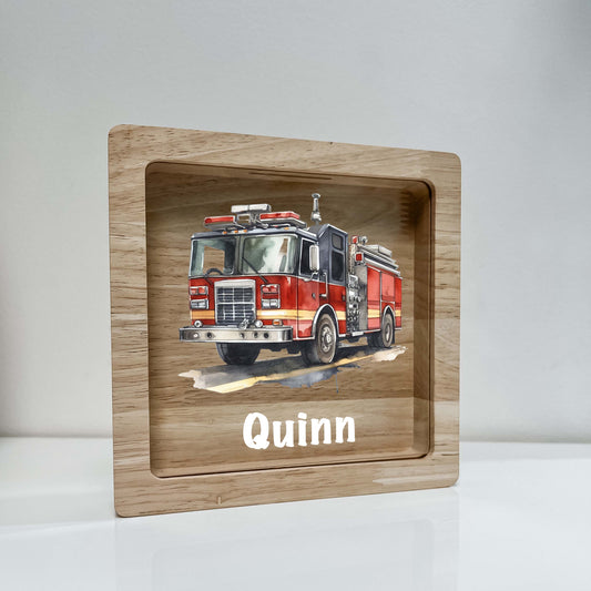 Personalized Savings Piggy Bank Fire Engine Truck Boys Custom Name Money Box Firefighter Room | Fire truck decor for boys | Fire truck gifts