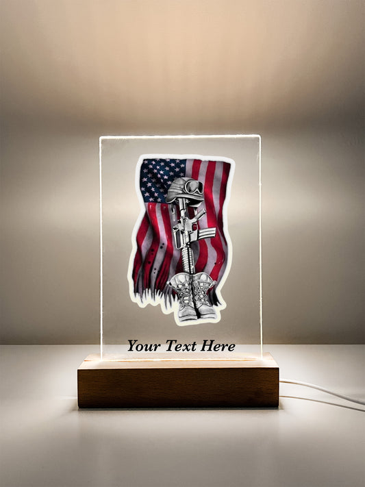 In Loving Memory Fallen Soldier LED Light with Wooden Base, Condolence Remembrance Loss, Fallen Soldier, Military, American Flag, Warrior, Heroes, Memorial Gift