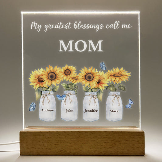 Custom LED Wood Stand Sunflower Personalized Gift Night Light Up Lamp My Greatest Blessings Call Me Grandma, Nana Mema Children's Name & DOB