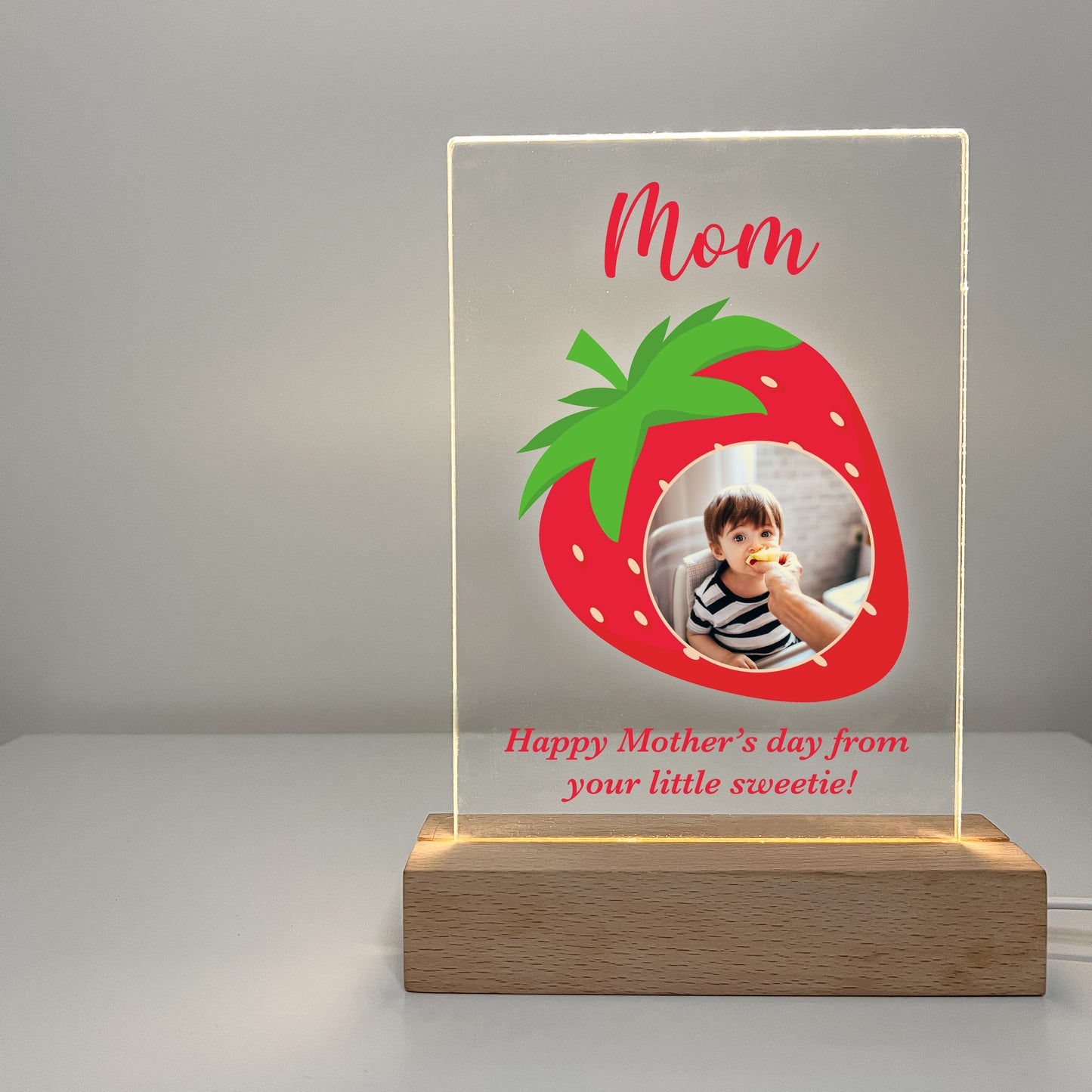 Photo Picture LED Wood Stand Strawberry Night Light Up Table Lamp Mom, Mommy, Mother's Day With Your Love Message Personalized Gift