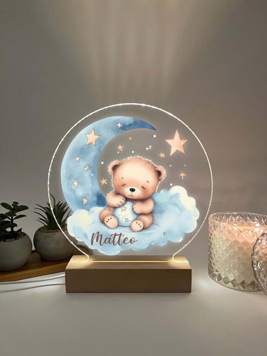 Personalized Cute Baby Blue Sleeping Bear Night LED Lamp For Kids Room, Cute Baby Gift, Custom Girls Boys Night Light, Nursery Decor, Night Light Gift, not arched