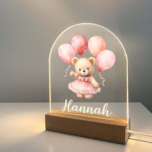 Personalized Cute Baby Pink Bear with Balloons Night LED Lamp For Kids Room, Cute Baby Gift, Custom Girls Boys Night Light, Nursery Decor, Night Light Gift