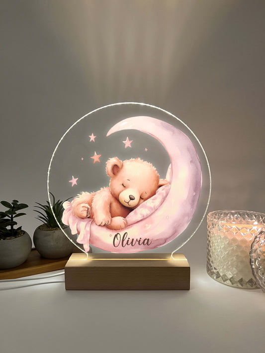 Personalized Cute Baby Pink Sleeping Bear Night LED Lamp For Kids Room, Cute Baby Gift, Custom Girls Boys Night Light, Nursery Decor, Night Light Gift, not arched