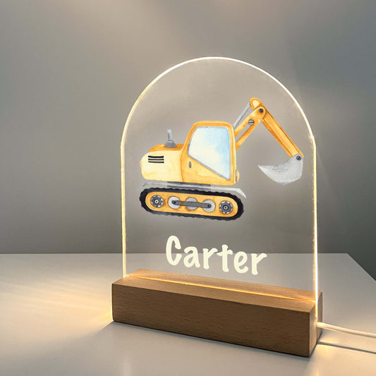 Custom Personalized LED Wood Stand Night Light Up Table Lamp Boys Room Decor Construction Excavator Bucket Truck Heavy Equipment Themed Gift