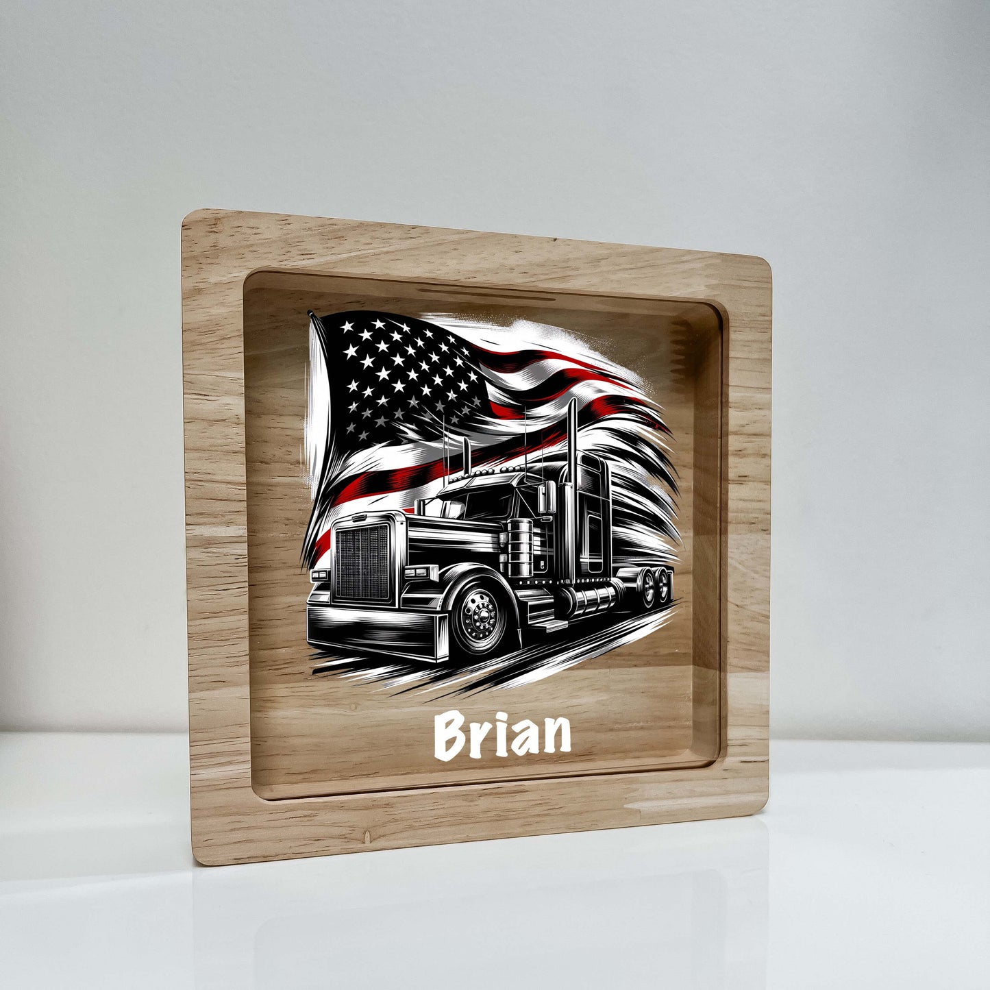 Personalized Savings Bank Boys Custom Money Box Semi Tractor Trailer American Flag USA Trucking 18 Wheeler Truck Heavy Equipment Themed Gift