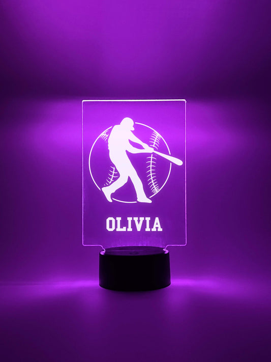 Custom Personalized LED 16 Colors Night Light Up Lamp Sports Baseball Player Fan Team Décor Gift, Sports Bedroom, Game Room, Remote Included