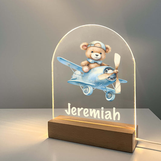 Personalized Cute Baby Bear with Airplane Night LED Lamp For Kids Room, Cute Baby Gift, Custom Girls Boys Night Light, Nursery Decor, Night Light Gift