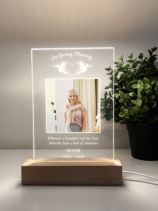 Personalized Unique Sympathy Gifts with Wooden Stand, For Loss Custom In Loving Memory Loved One Light Up Picture Frame Photo & Text Memorial Plaque Night Lamp