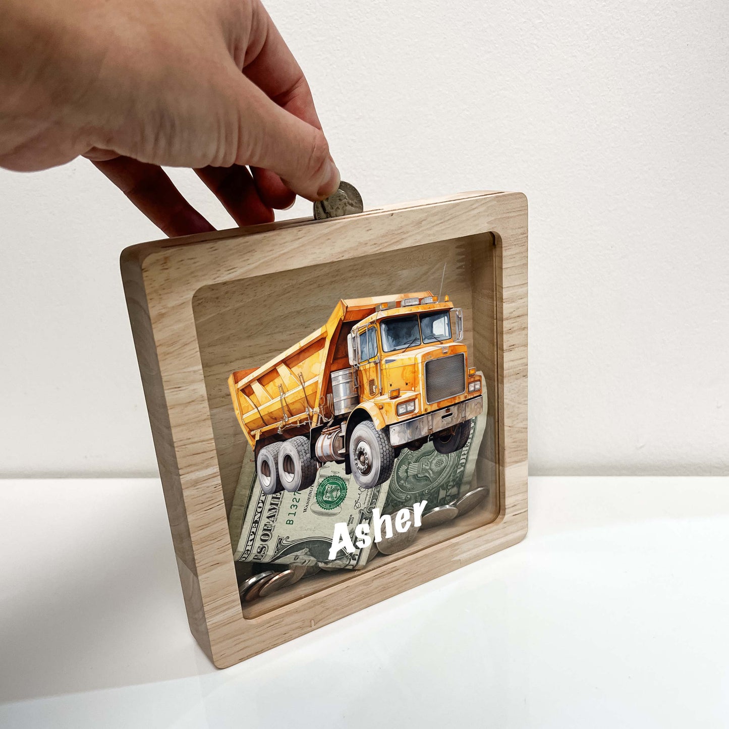 Personalized Savings In Style Piggy Bank Boys Custom Name Money Box Construction Dump Truck Dumping Trailer Heavy Duty Equipment Themed Gift