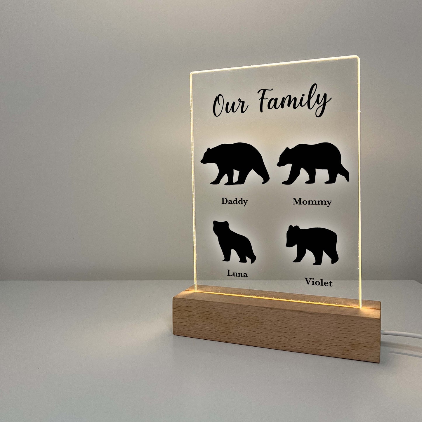 Family Bears LED Night Light Up Table Lamp with Wooden Desk, Gift for Parents & Grandparents, Family Keepsake Gift, Family Christmas Gifts