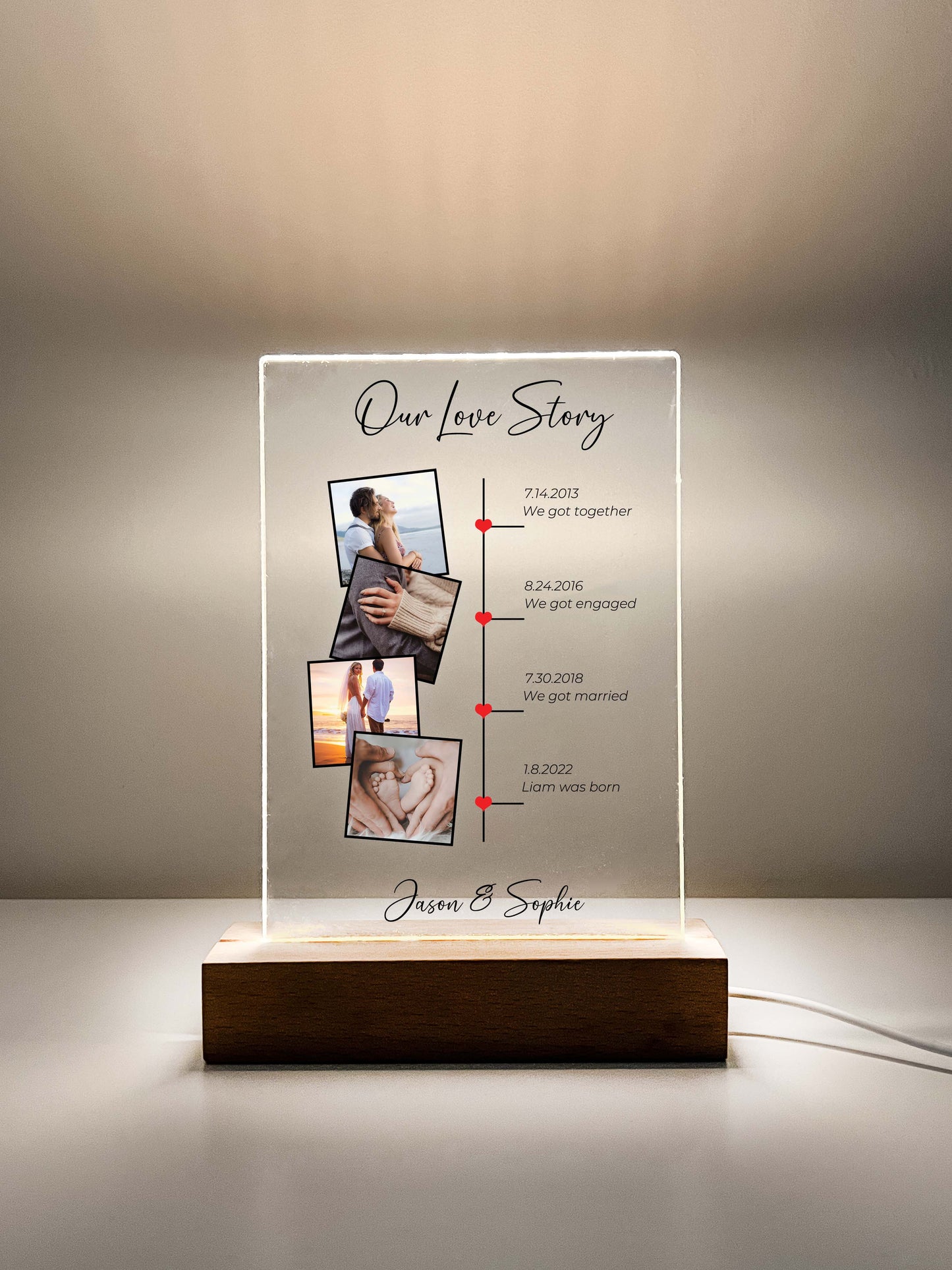 Our Love Story Personalized Photo Stand Light LED Lamp with Wooden Base