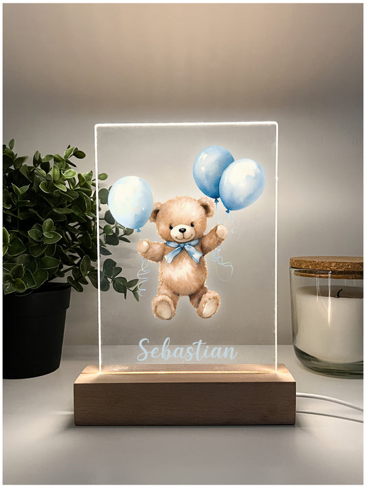 Personalized Cute Baby Blue Bear with Balloons Night LED Lamp For Kids Room, Cute Baby Gift, Custom Girls Boys Night Light, Nursery Decor, Night Light Gift, not arched