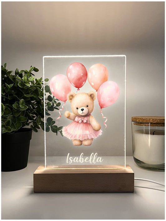 Personalized Cute Baby Pink Bear with Balloons Night LED Lamp For Kids Room, Cute Baby Gift, Custom Girls Boys Night Light, Nursery Decor, Night Light Gift, not arched