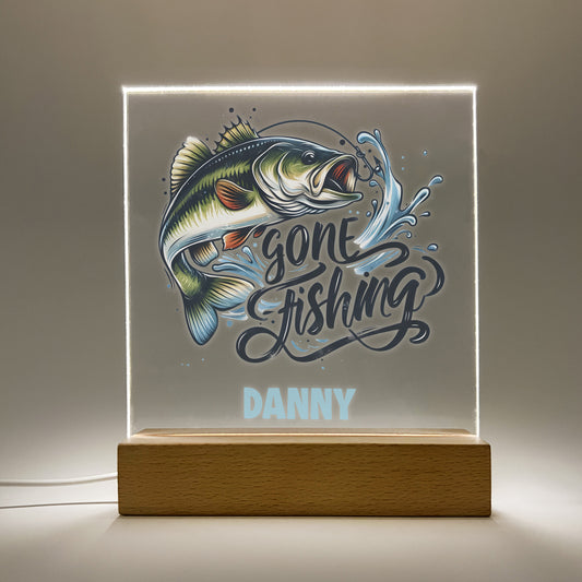 Gone Fishing Night Light Up Desk Table Wooden Stand Room Decor Fish Frame, LED Night Lamp, Engraved Gift, Fishin' Theme, Personalized Free!