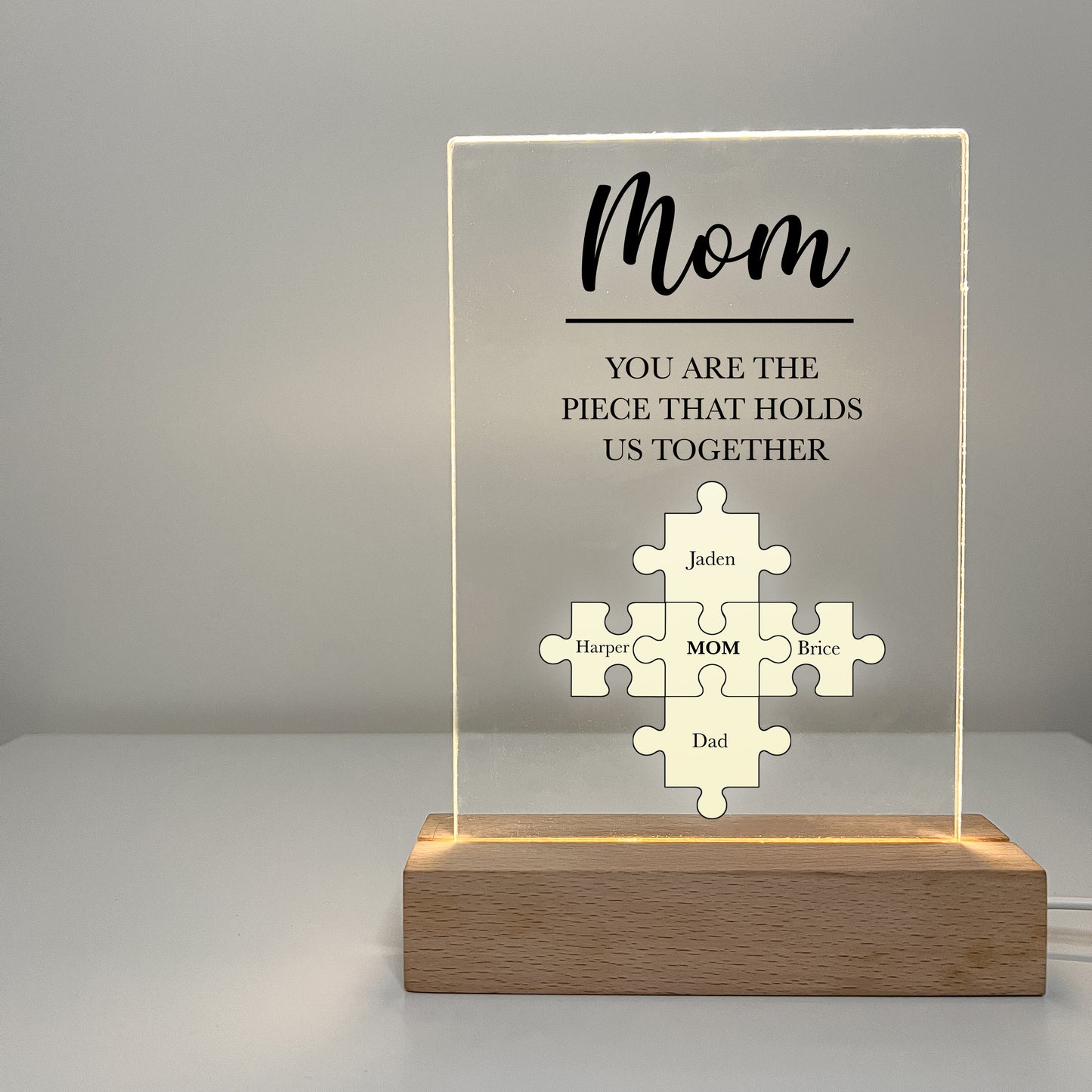 Personalized Custom LED Wood Stand Night Light Up Lamp Gifts For Mom Puzzle Piece You are the piece that holds us together & Children's Name