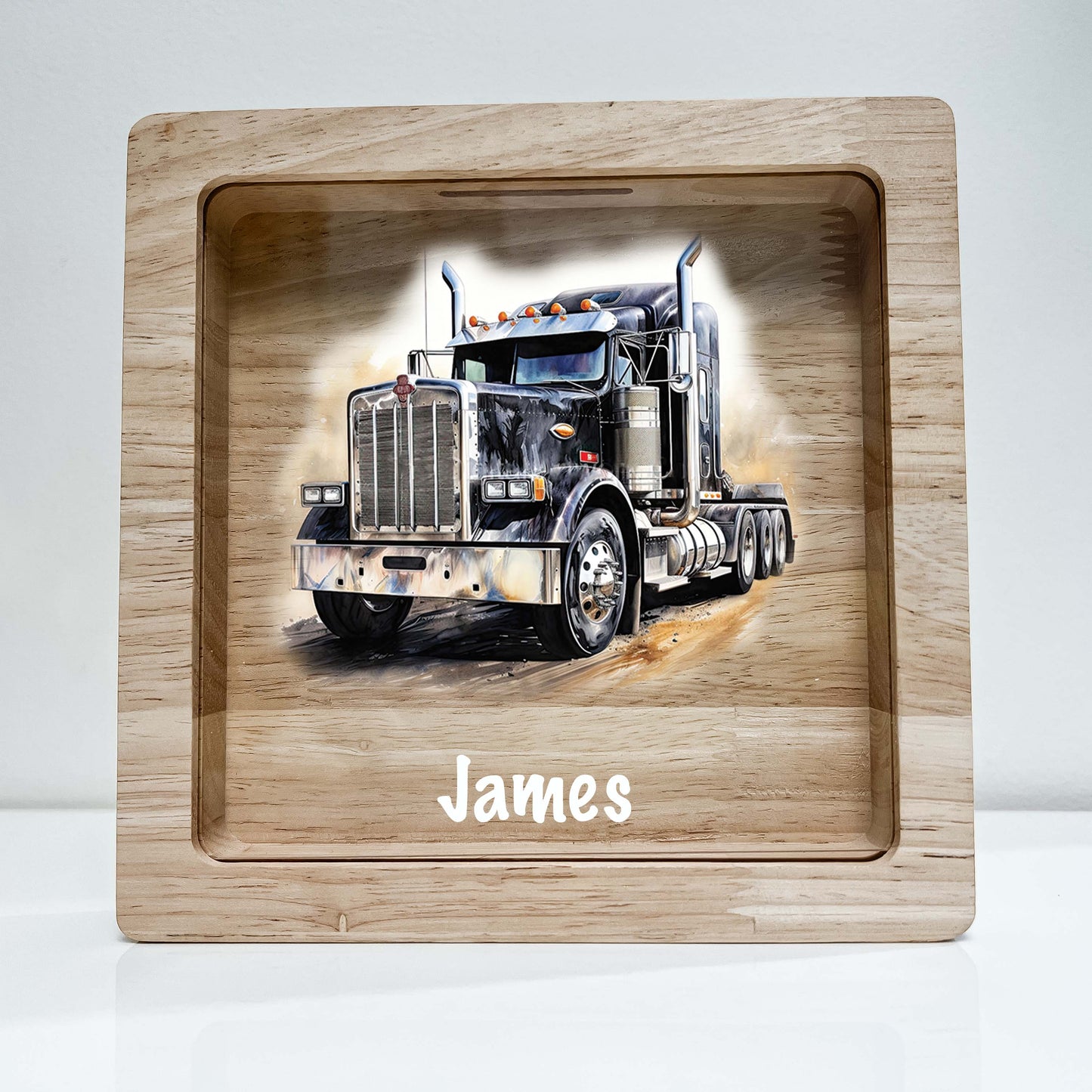 Personalized Savings Piggy Bank for Boys Custom Name Money Box Semi Tractor Trailer 18 Wheeler Truck Heavy Equipment Themed Toddler Boy Gift