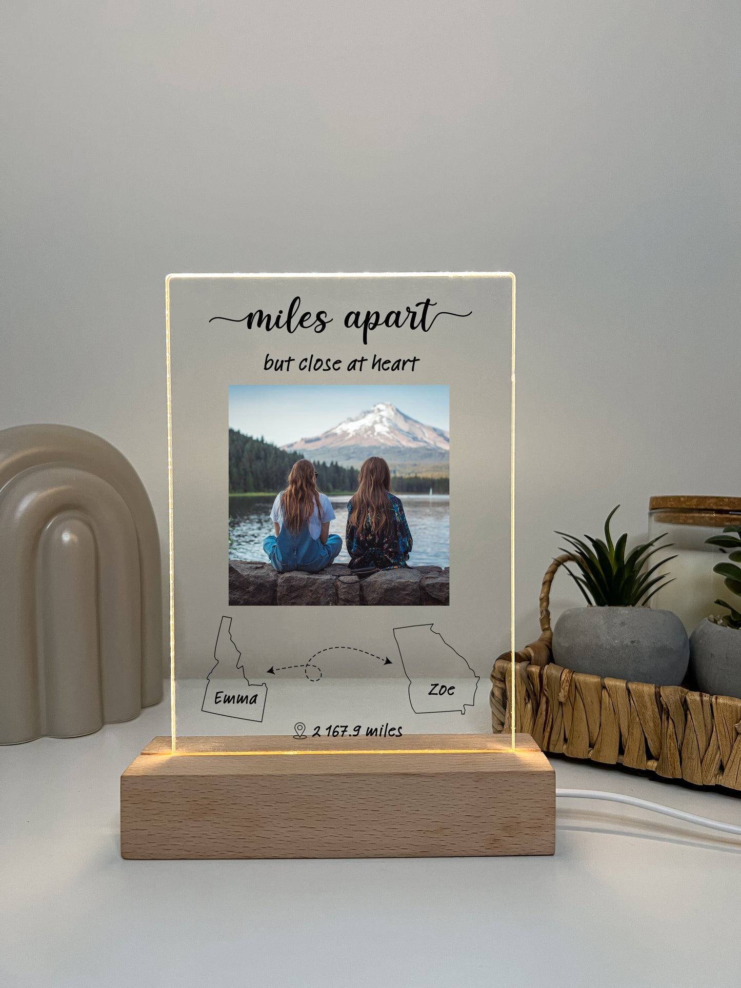 Long Distance Gift, Personalized Custom Photo LED Light with Wooden Base, Two State Gift, State To State Gift, Moving Away Gift, Friendship State, Friendship Distance, Christmas Gift, Long Distance Gift, Friendship