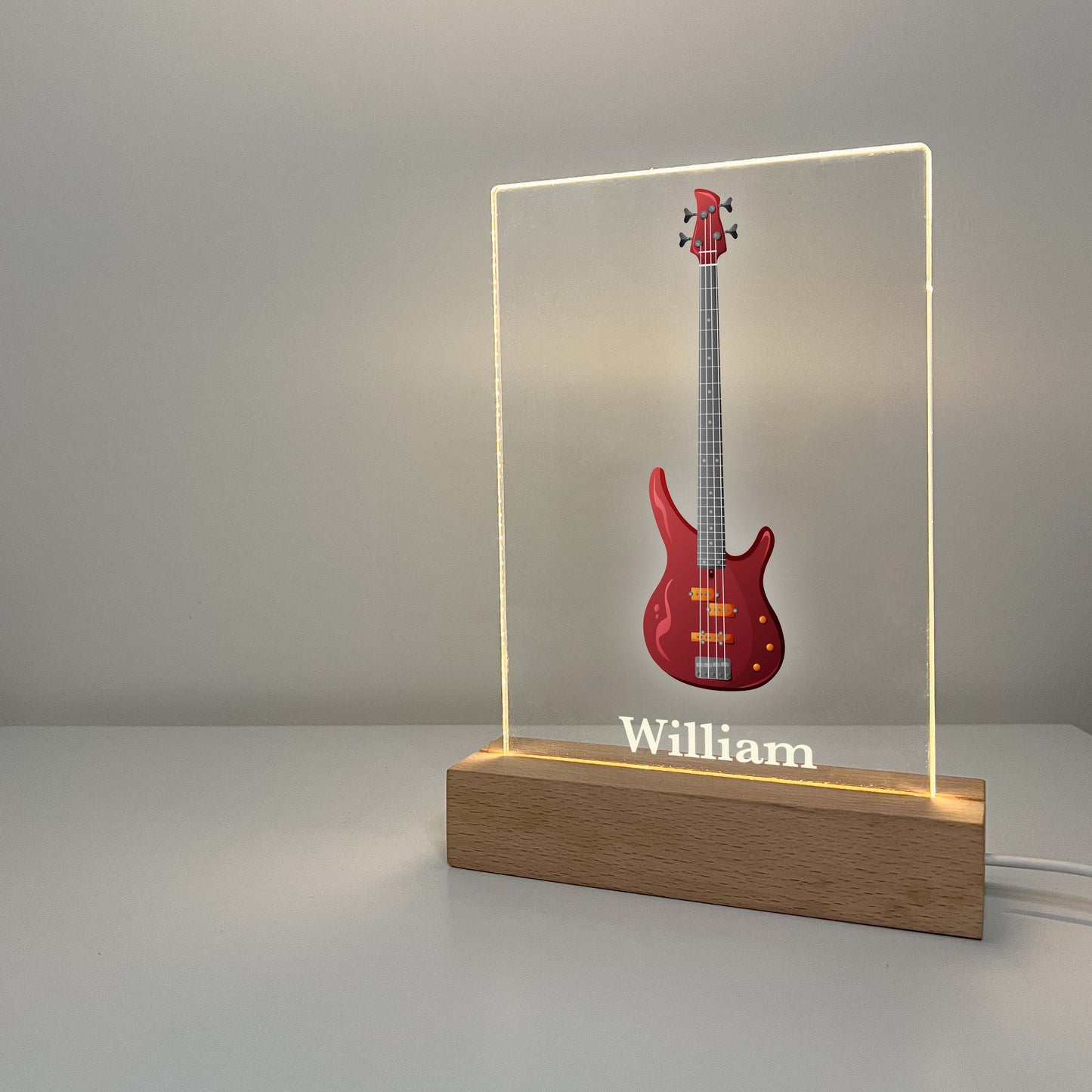 Custom Base Guitar LED Night Light Desk Table Lamp with Wooden Stand Gift for Musicians, Personalized Base Guitar Lamp, Gift for Guitarist, Personalized Free