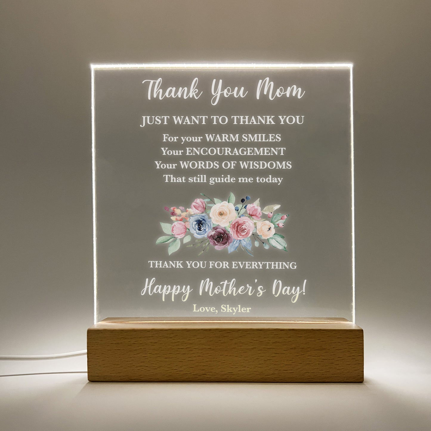 Personalized Custom LED Wood Stand Frame Night Light Up Lamp, Gift For Mom, Words With Love Thank You Mom For Everything, Happy Mother's Day