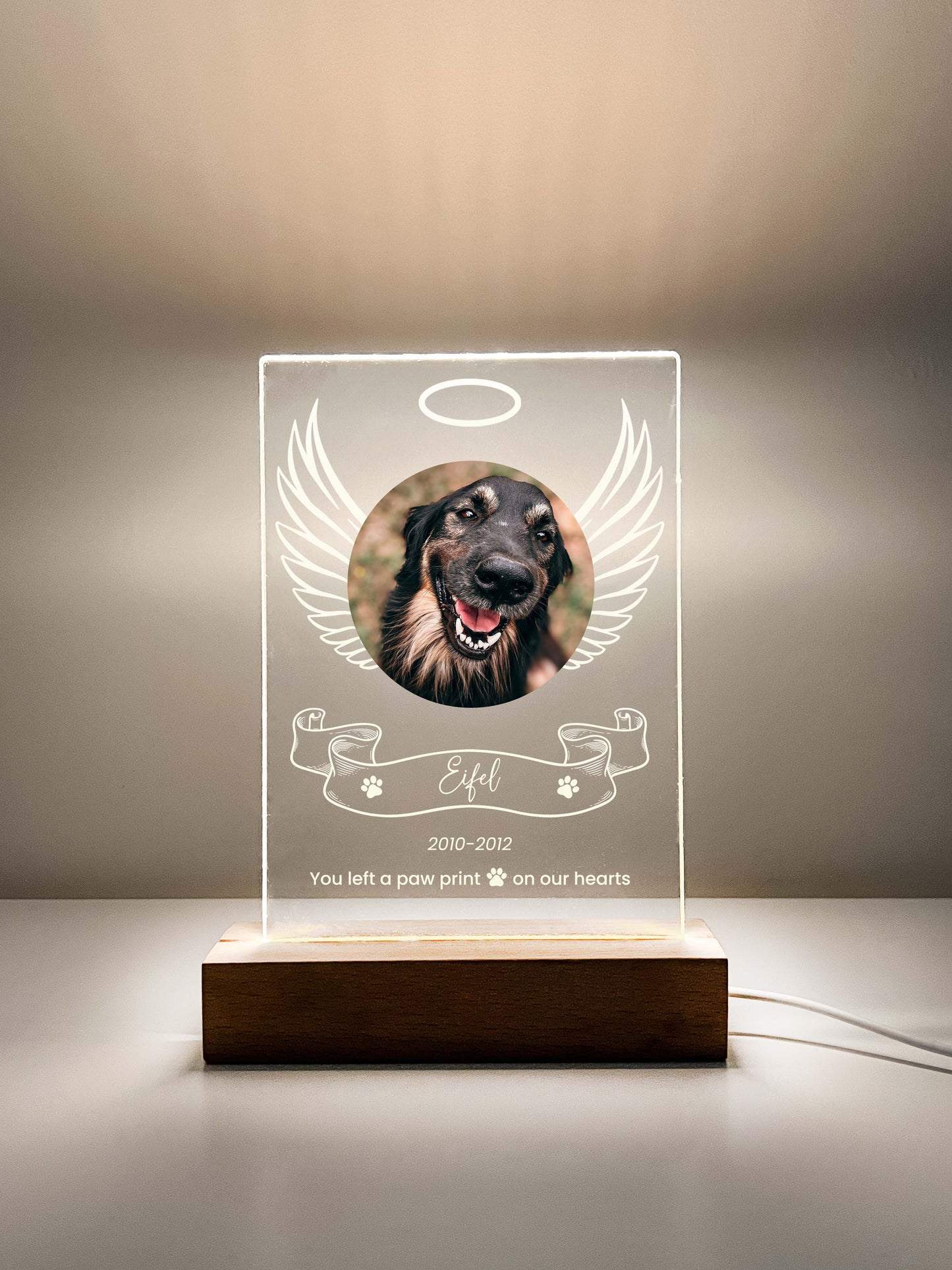 Pet Memorial Angel Wings Night Light with Wooden Base, Custom Pet Plaque, Pet Night Light, Custom Pet Photo, Pet Memorial Frame, Gifts for Pets, Cat Dog Loss Gift