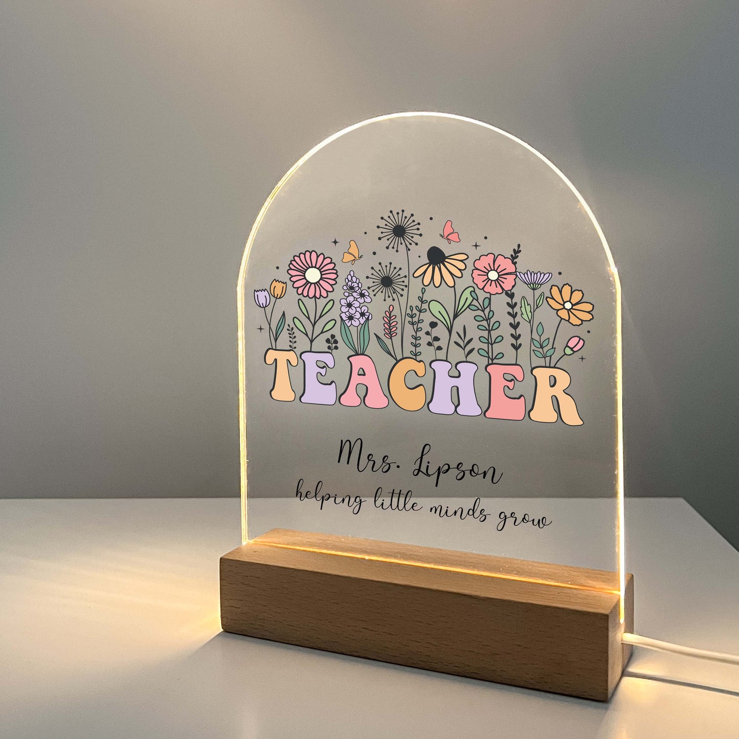 Perfect Teacher Appreciation Gift, Personalized Teacher Desk Name Plate, LED Light with Wooden Lamp, Gift for Teacher, End Of The Year Teacher Thank You Gift