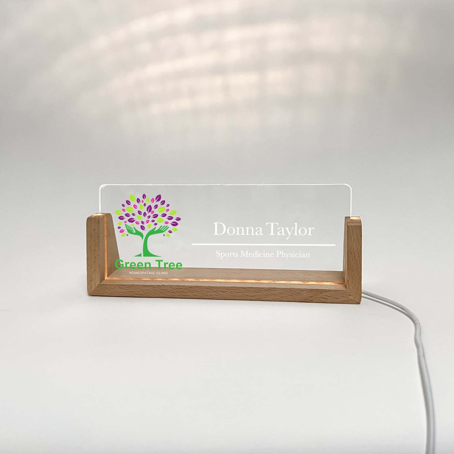 Personalized Name plate with wooden stand, LED lamp, Company Logo photo ,Lighted LED Light Nameplate, Desk Accessories, Office Gifts for Boss Coworkers, New Job Gift