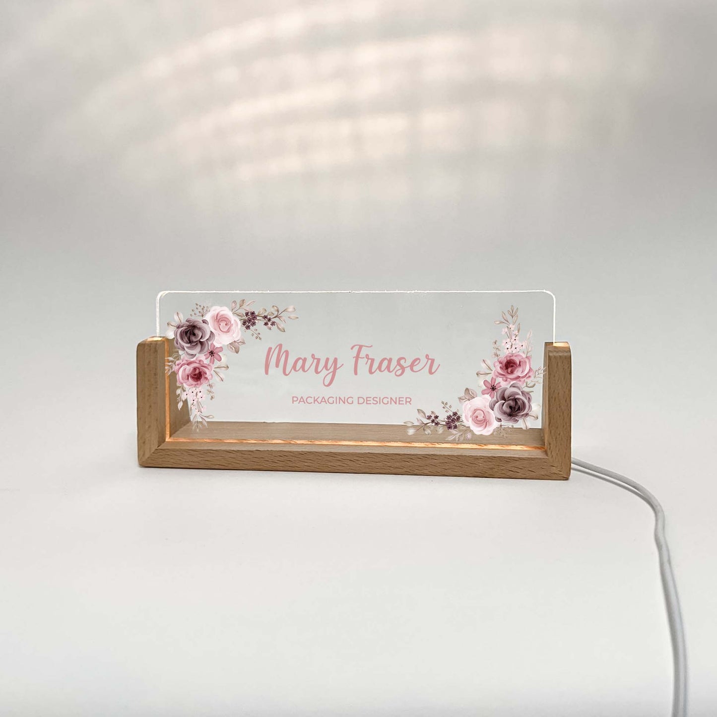 Personalized Desk Name Plate With Wooden Base, Baby pink flowers/roses , Lighted LED Light Nameplate, Desk Accessories, Office Gifts for Boss Coworkers, New Job Gifts