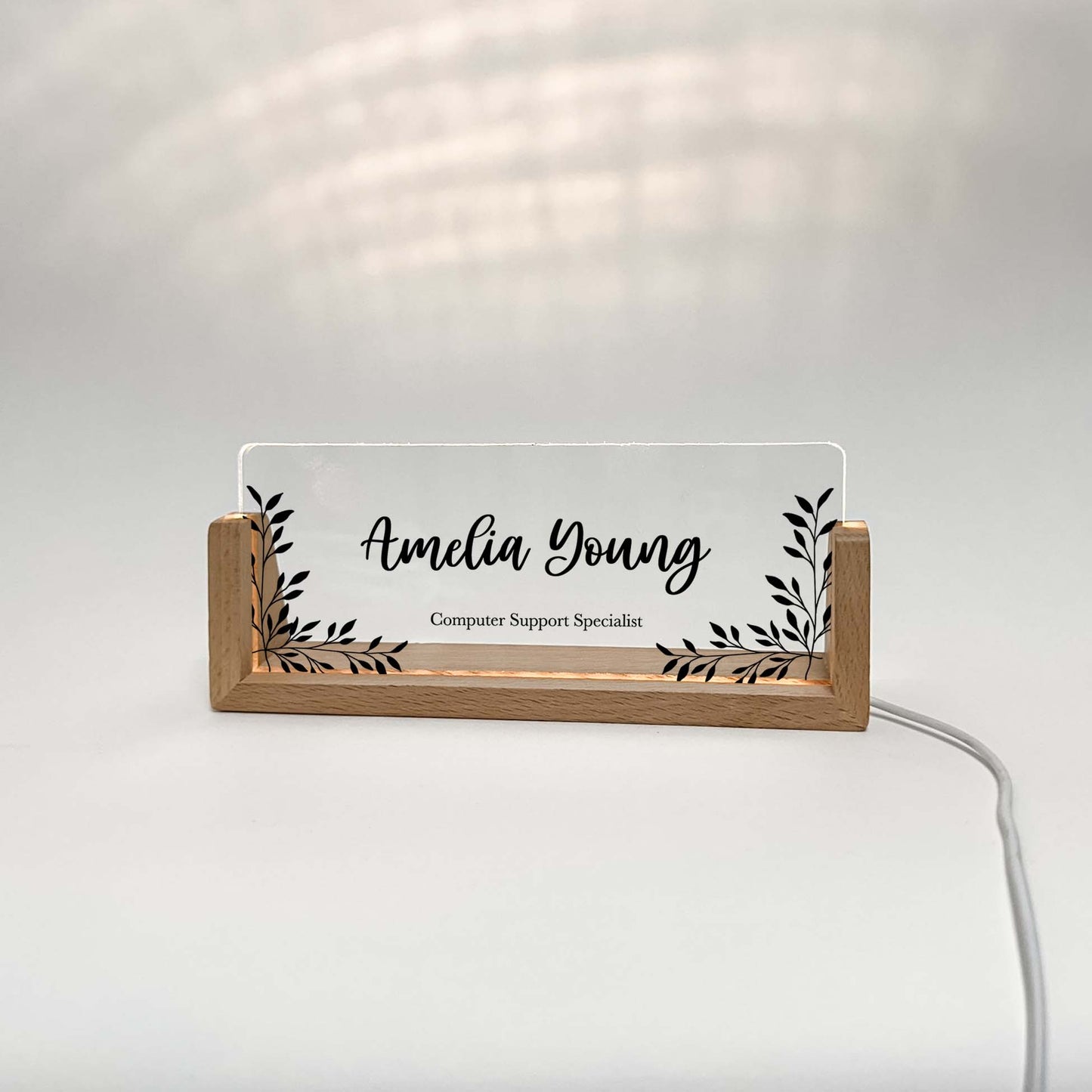 Personalized Desk Name Plate With Wooden Base, Black or white flower, Lighted LED Light Nameplate, Desk Accessories, Office Gifts for Boss Coworkers, New Job Gifts