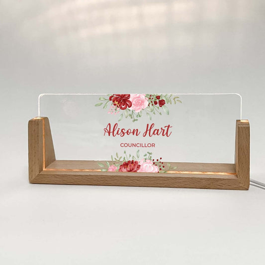 Personalized Desk Name Plate With Wooden Base and red and pink flowers, Lighted LED Light Nameplate, Desk Accessories, Office Gifts for Boss Coworkers, New Job Gifts