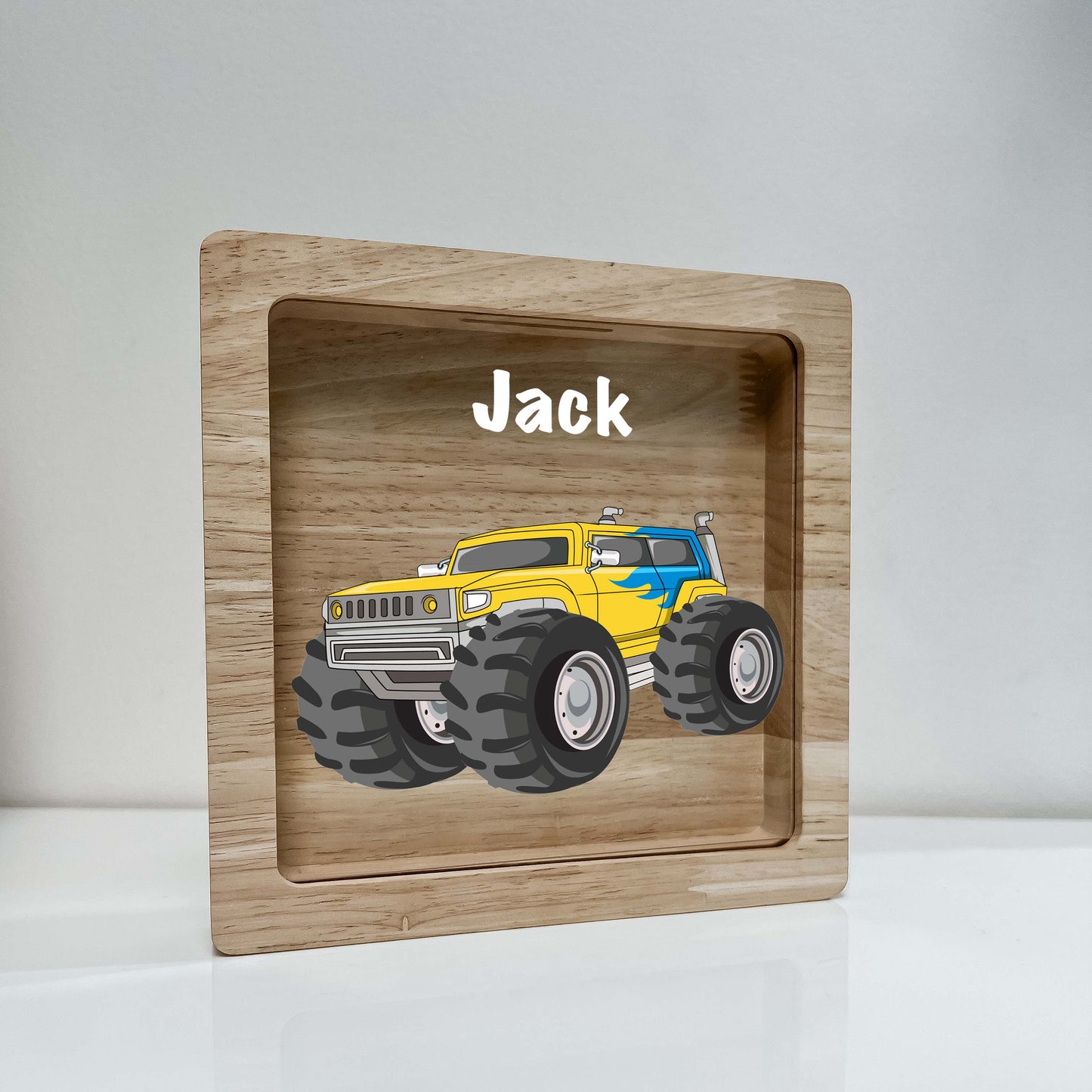 Personalized Savings Piggy Bank Boys Room Decor Custom Name Money Box Monster Jam Truck 4x4 Jumps & Stunts Heavy Duty Equipment Themed Gift