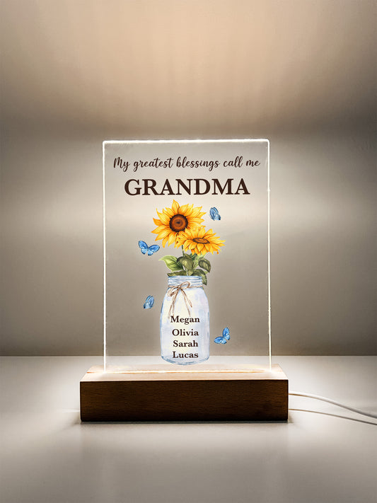 Custom LED Wood Stand Sunflower Personalized Gift Night Light Up Lamp My Greatest Blessings Call Me Mom, Mommy, Mother, & Children's Names