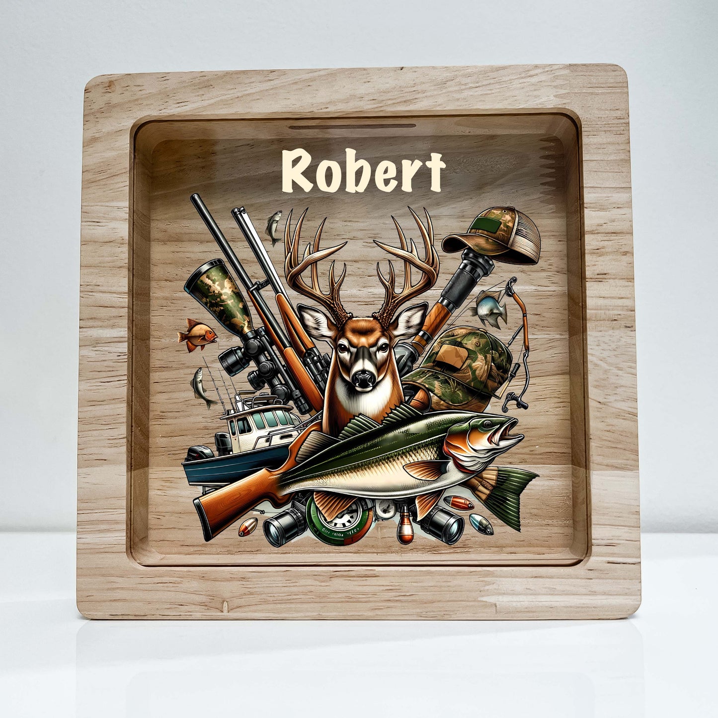 Personalized Savings Piggy Bank Boys Custom Name Money Box Gone Hunting Cool Hunting Themed Room Decor Man Boy Gift - Teach Savings in Style