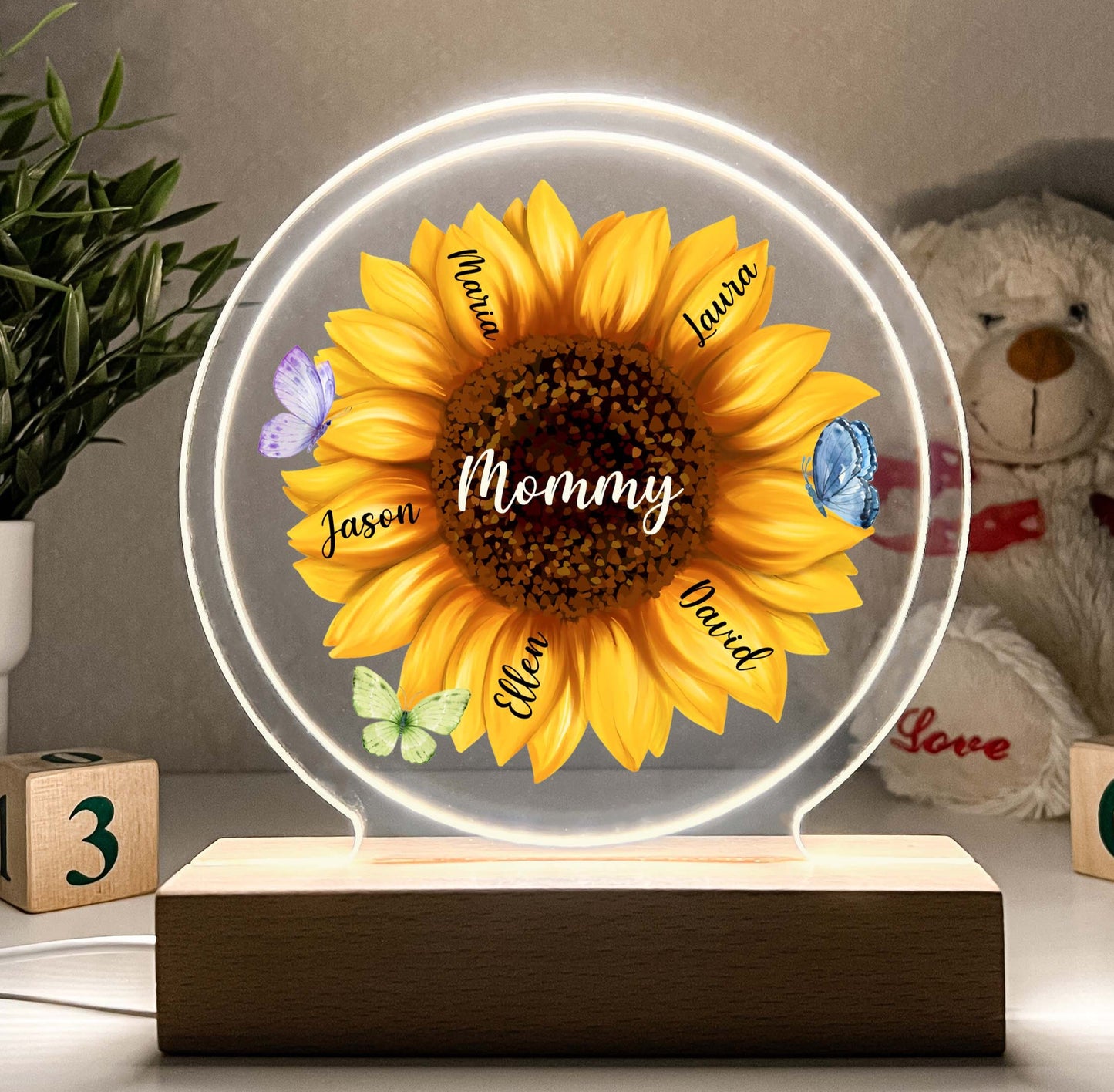 LED lamp with Wooden Stand Personalized Sunflower Blossom Night Light Up Lamp for Mom, Mommy Mama & Grandma Nana Mema - Children's Name on Pedals